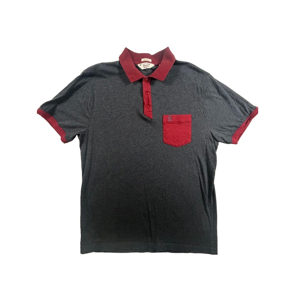 Original Penguin Men's L Gray/Red Classic Fit Short Sleeve Pocket Polo Logo